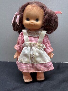 Vintage 7-Inch Doll With Pink Gingham Dress & White Apron Freckles And Brown Hai